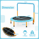Orange-frame trampoline dimensions: 92 cm diameter, 80.5 cm height, and 70 by 32 by 7.5 cm folded frame