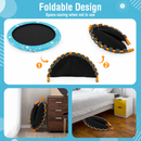 Orange-frame trampoline folding sequence and compact folded storage views