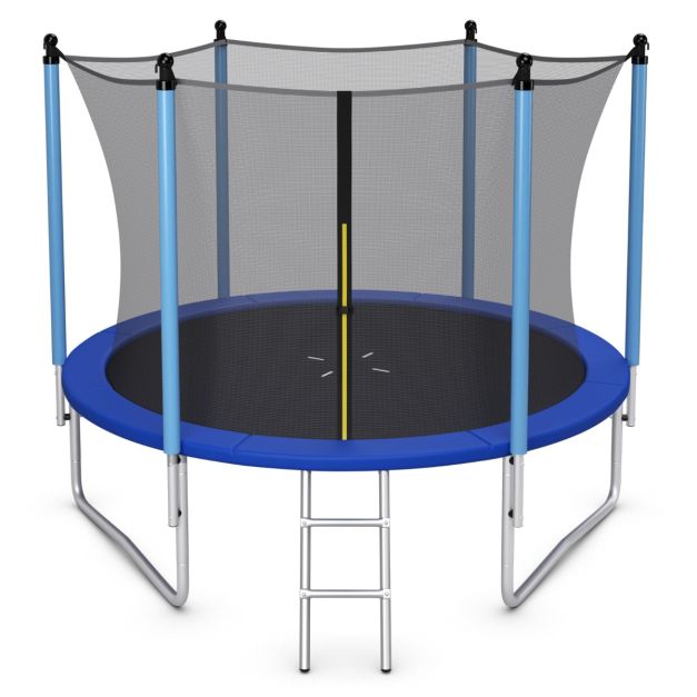 10 FT blue trampoline with straight padded poles, enclosure and ladder