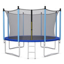 12 FT blue trampoline with enclosure, four U-shaped legs and access ladder