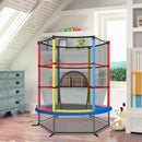 Multicolour kids mini trampoline with enclosure net shown in a home play area