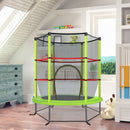 Green kids mini trampoline with enclosure net shown in a home play area
