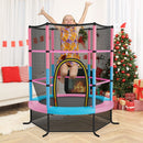 Macaron kids mini trampoline with enclosure net shown in a home play area