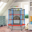 Blue kids mini trampoline with enclosure net shown in a home play area