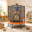 Orange kids mini trampoline with enclosure net shown in a home play area