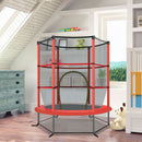 Red kids mini trampoline with enclosure net shown in a home play area