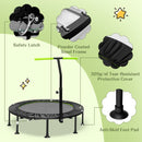 Green mini trampoline frame, spring cover, latch and foot pad details