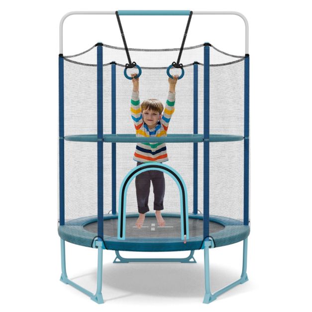 Blue and turquoise trampoline with padded gymnastic rings and enclosure
