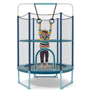 Blue and turquoise trampoline with padded gymnastic rings and enclosure