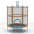 Orange and turquoise trampoline with gymnastic bar, rings and zipped enclosure