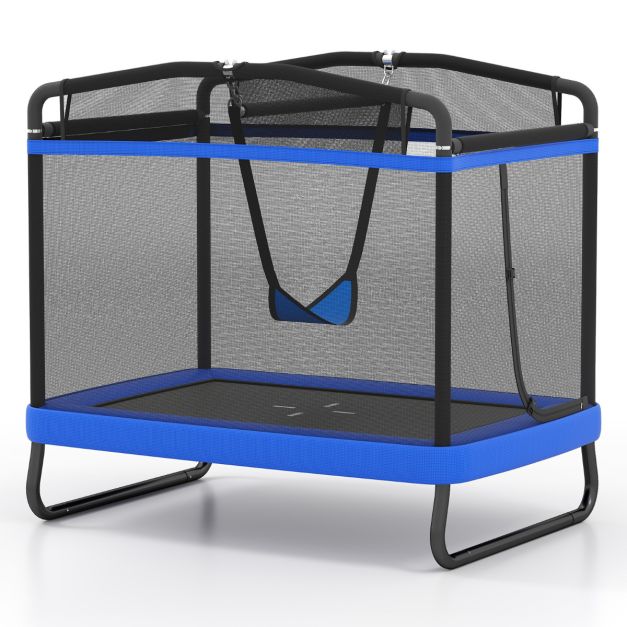Blue rectangular trampoline with detachable swing, horizontal bar and mesh enclosure