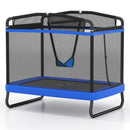 Blue rectangular trampoline with detachable swing, horizontal bar and mesh enclosure