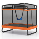 Orange rectangular trampoline with blue swing, horizontal bar and black enclosure