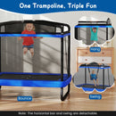 Separate bouncing, horizontal bar and swing activities with removable accessories