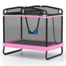 Pink rectangular trampoline with blue swing, horizontal bar and black enclosure