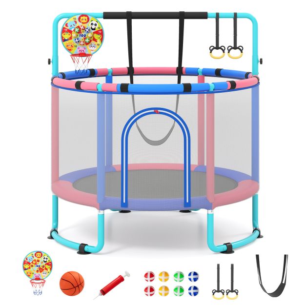 140 cm Navy activity trampoline with swing, rings, hoop and ball accessories