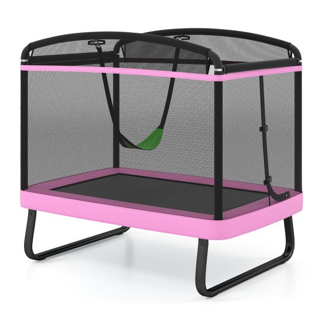 Pink rectangular trampoline with green swing, black enclosure and U-shaped legs