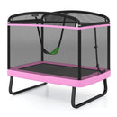 Pink rectangular trampoline with green swing, black enclosure and U-shaped legs