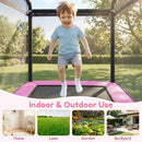Pink trampoline with one child bouncing and indoor and outdoor placement examples