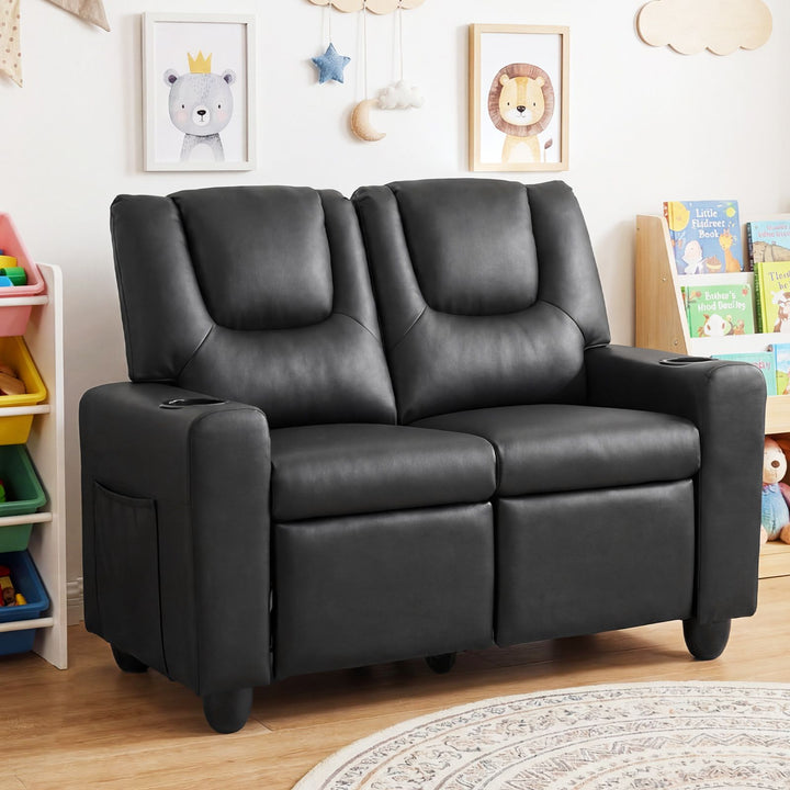 Two-Seater Kids Push-Back Recliner with Cup Holders – Black product view 1