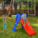 Red folding slide with blue side frames, yellow steps and green basketball hoop; ball and garden props shown are not part of the supplied package list