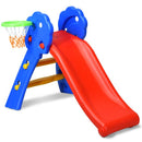 Red folding slide with blue side frames, yellow steps and green basketball hoop