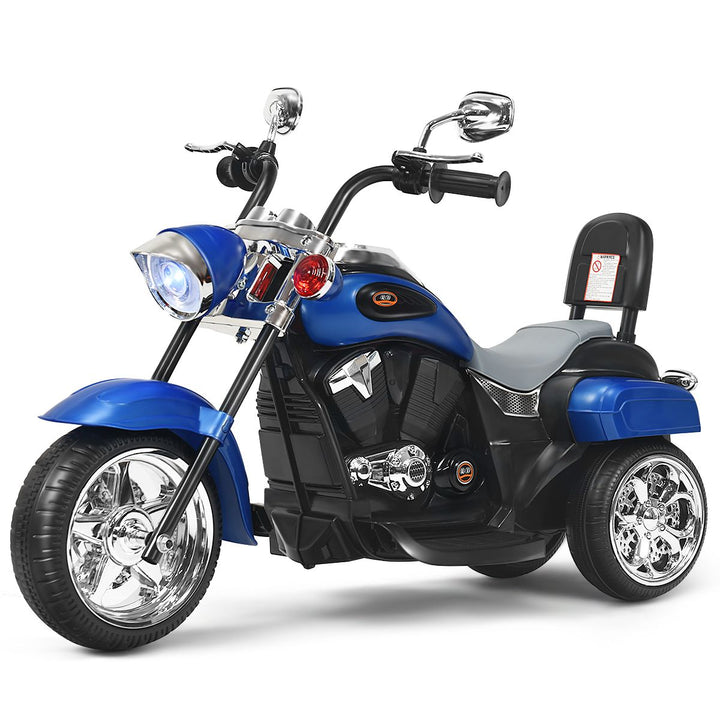 Blue three-wheel 6 V toy chopper motorcycle with headlight and backrest