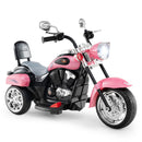 Pink three-wheel 6 V toy chopper motorcycle with headlight and backrest