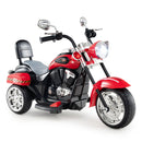 Red three-wheel 6 V toy chopper motorcycle with headlight and backrest