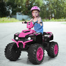 Pink quad ride-on showing child seating and handlebar position