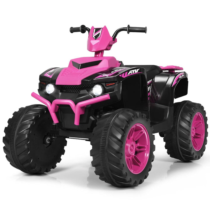 Pink 12V quad ride-on with round headlights and front bumper