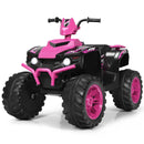 Pink 12V quad ride-on with round headlights and front bumper