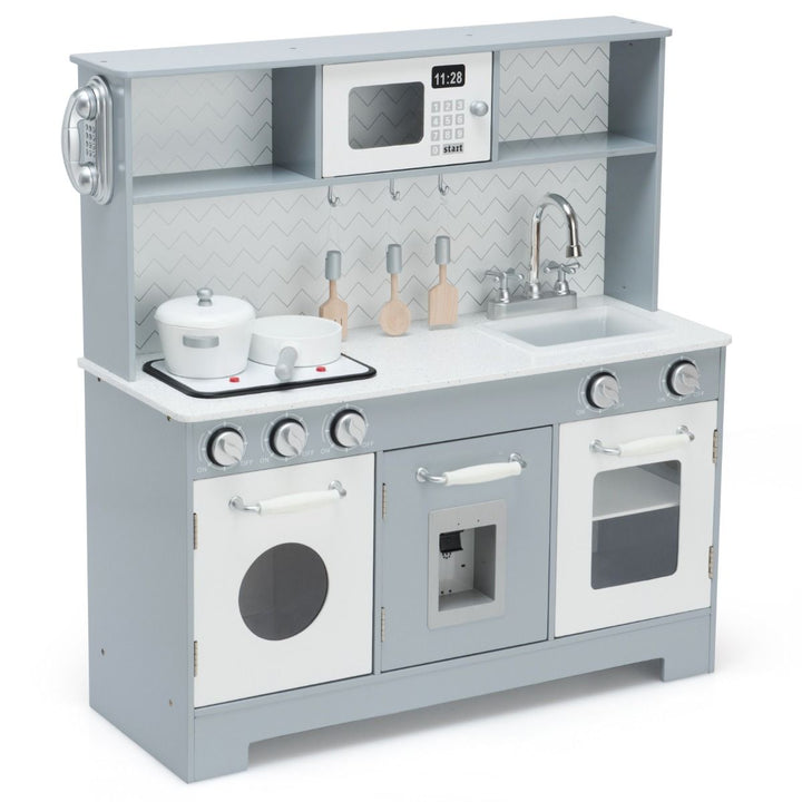 Grey and white wooden play kitchen, supplier colour White: three-quarter product view with cookware