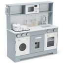 Grey and white wooden play kitchen, supplier colour White: three-quarter product view with cookware