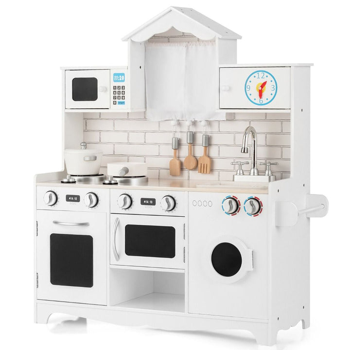 Wooden Play Kitchen with Washing Machine and Toy Clock, product view 2