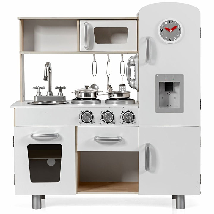 White and natural play kitchen with toy clock, telephone, dispenser and cookware