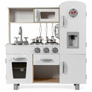 White and natural play kitchen with toy clock, telephone, dispenser and cookware