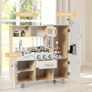 Opening cupboards, microwave door, centre drawer and storage shelves
