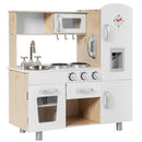 Angled view of white and natural kitchen with centre drawer and open cubby