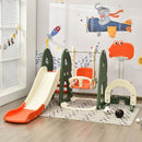 Orange, green and cream slide and swing playset in a playroom
