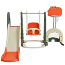 Front view of orange and green slide, swing seat and ball-game stand