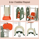 Six views showing slide, climbing steps, swing, basketball, football and golf activities