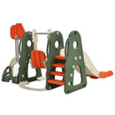 Rear of orange and green playset showing climbing steps and swing-seat back