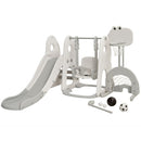 White and grey slide and swing playset with basketball, football, two golf balls and golf club