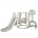 White and grey playset showing slide, swing seat and basketball and football stand