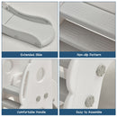 Close-ups of white and grey slide end, tread pattern, side handle and fasteners
