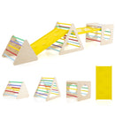 Five-piece wooden climbing bundle with cube, two triangle ladders and two yellow ramps
