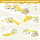Alternative arrangements of the cube, triangles and two ramps from one five-piece set