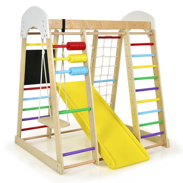 Multicolour wooden gym with drawing board and abacus