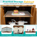 Wooden mud kitchen storage cabinet with removable shelf, striped canopy and two hanging planting boxes